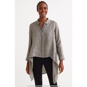 STELLA CARAKASI LINEN TOP HIDDEN BUTTON FRONT HIGH LOW LAGENLOOK CASUAL GRAY